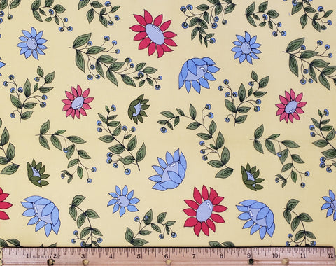Penny Rose Fabrics Pattern C7113 Monday, Monday by Jill Finley of Jillily Studio 2018-Medium Yellow Fabric/Blue & Red Flowers/Green Leaves