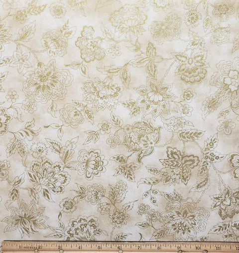 Mottled Tan Fabric with Larger Metallic Gold Flower Pattern - Selvage to Selvage Print
