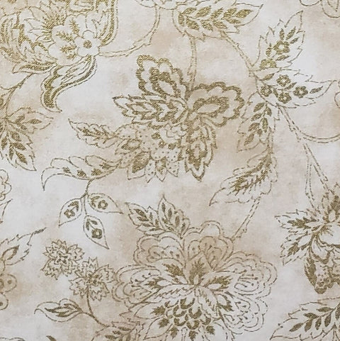 Mottled Tan Fabric with Larger Metallic Gold Flower Pattern - Selvage to Selvage Print