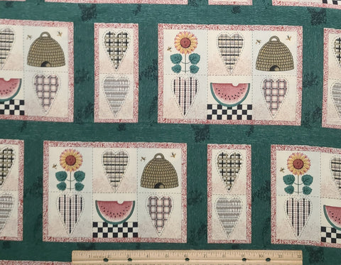 Dark Green Fabric / Black Tonal Background & Sashing/Soft White Blocks/Beehive/Sunflower/Heart/Watermelon Print - Selvage to Selvage Print