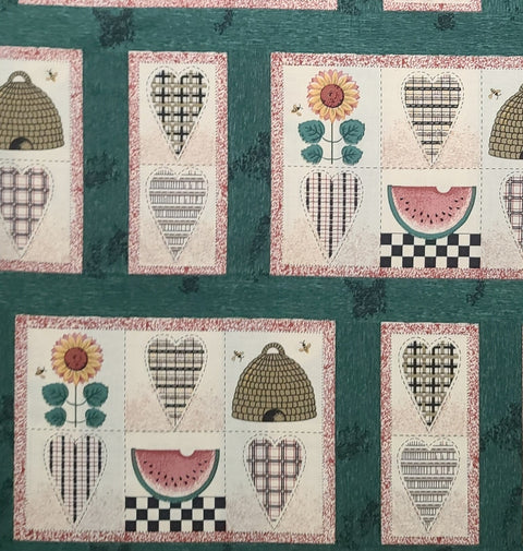 Dark Green Fabric / Black Tonal Background & Sashing/Soft White Blocks/Beehive/Sunflower/Heart/Watermelon Print - Selvage to Selvage Print