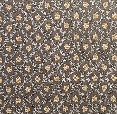 Brown Fabric / Reproduction Style White and Light Brown Vine and Flower Print - Selvage to Selvage Print