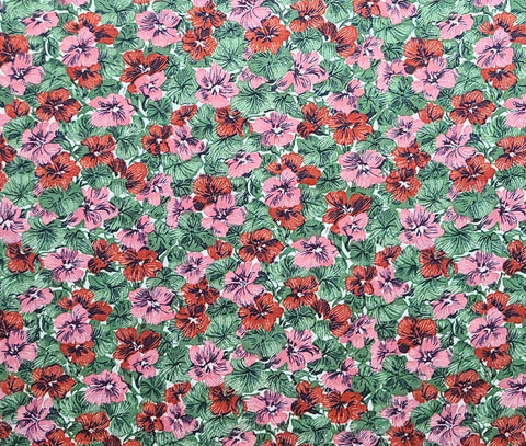 Vintage 36" WIDE White Fabric / Green, Red Flower Print