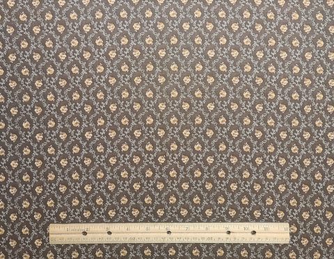 Brown Fabric / Reproduction Style White and Light Brown Vine and Flower Print - Selvage to Selvage Print