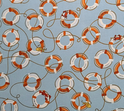 Alicia Jacobs Dujets for Ink & Arrow Fabrics - Light Blue Fabric / Life Preserver and Crab Print