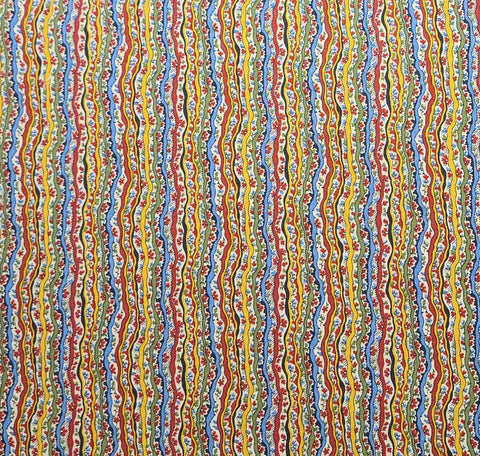 Patt #BTR-4340 Blank Textiles Inc - Retro Wavy Vertical Stripe (Parallel to Selvage) Fabric /Red, Blue, White, Gold, Green