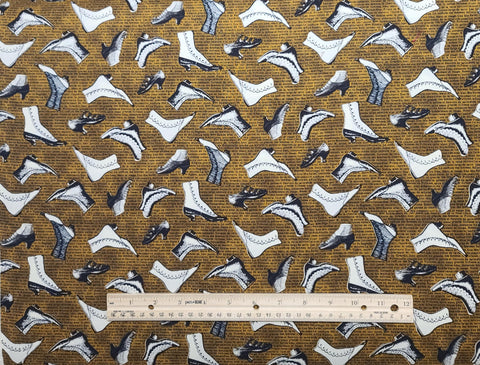 Patt#7234 Blank Quilting Corp 2015 - Dark Antique Gold Tonal Fabric / White and Black Tossed Victoria Era Shoe Print