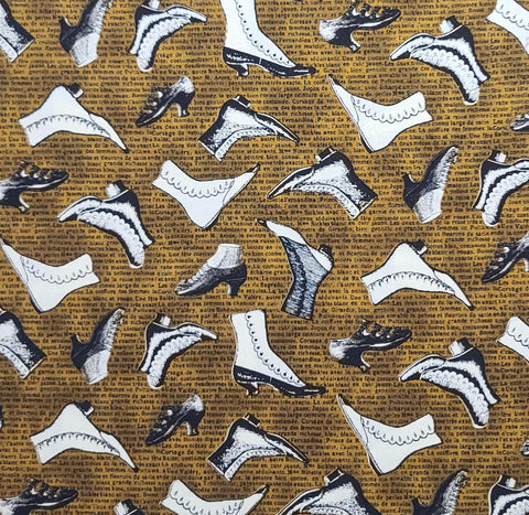 Patt#7234 Blank Quilting Corp 2015 - Dark Antique Gold Tonal Fabric / White and Black Tossed Victoria Era Shoe Print