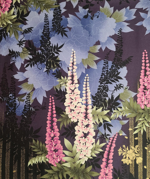 C832 Moonlit Garden Michael Miller - Black, Gold Metallic, Plum, Periwinkle, Green, Pink Night Garden Print Fabric