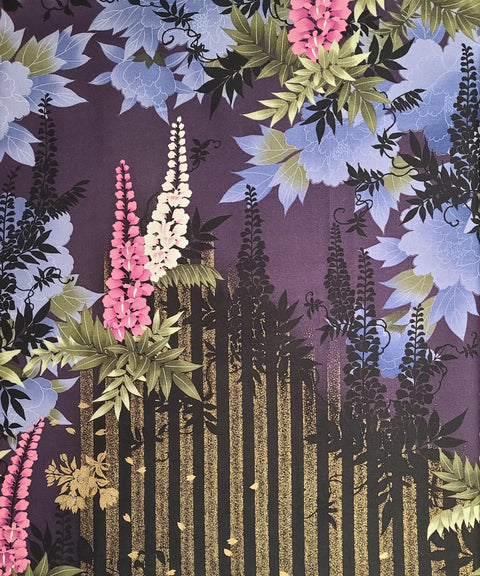 C832 Moonlit Garden Michael Miller - Black, Gold Metallic, Plum, Periwinkle, Green, Pink Night Garden Print Fabric