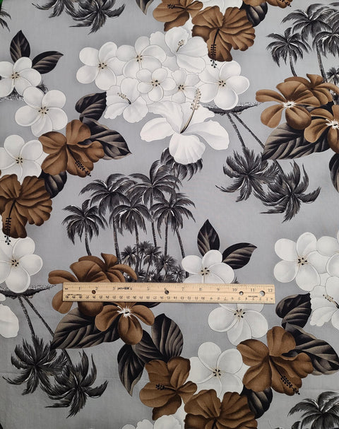 Gray Tonal Fabric / Black, Brown, White, Charcoal Large Tropical Flower and Palm Tree Print - Selvage to Selvage Print