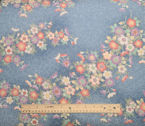 Medium Blue Tonal 38" WIDE Fabric, Pale Blue Flower Background / Coral, Purple, Aqua, Floral Print / Gold Metallic Accent - Selvage to Selvage Print