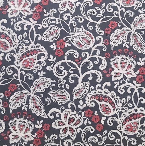 PATT NO 7024 Blank Quilting 2014 - Black Fabric / White Lace Paisley / Red Flower Print