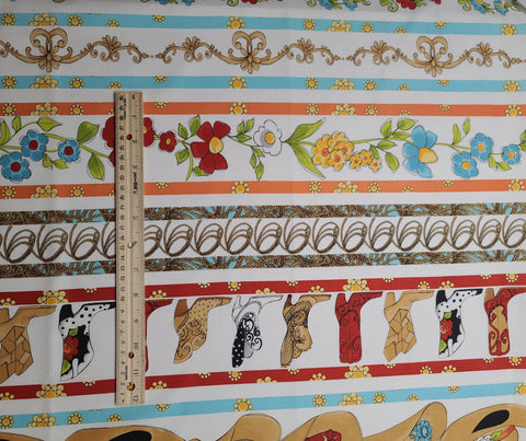 Whoa Borders  Loralie Harris for Loralie Designs - White Fabric / Red, Turquoise, Tan Hats, Boots, Flowers, Lariat Border Stripe Print