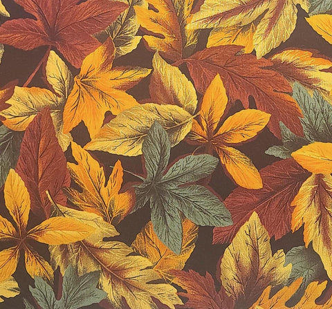 Hoffman International Fabrics - 56" WIDE Black Fabric / Gold, Orange, Yellow, Red and Green Tossed Leaf Print