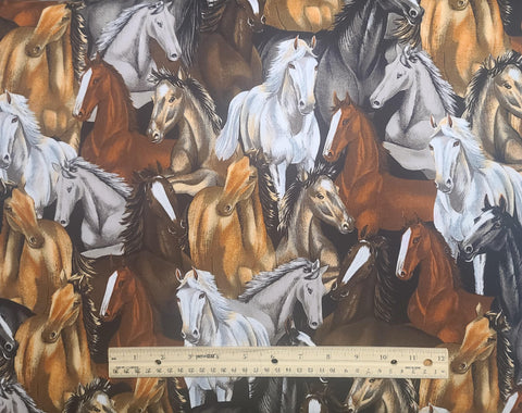 FIT to PRINT Inc Patt#WEST-C1235 - Black, Tan, Brown and White Packed Horse Head Print Fabric