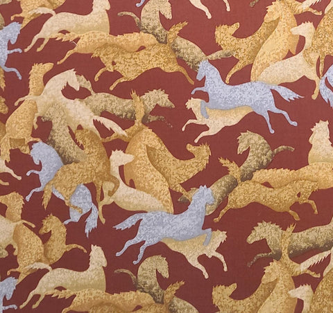 Brick Red Fabric / Gold, Cream, Gray, Tan Sponged Horse Print