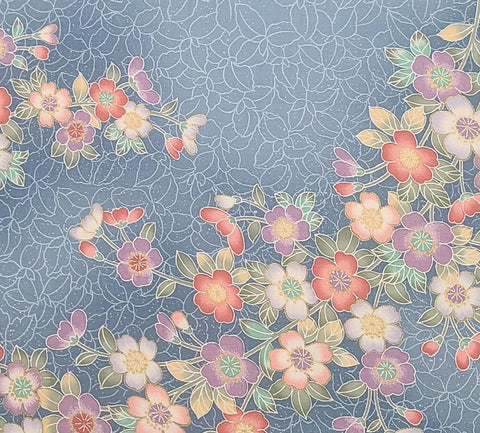 Medium Blue Tonal 38" WIDE Fabric, Pale Blue Flower Background / Coral, Purple, Aqua, Floral Print / Gold Metallic Accent - Selvage to Selvage Print