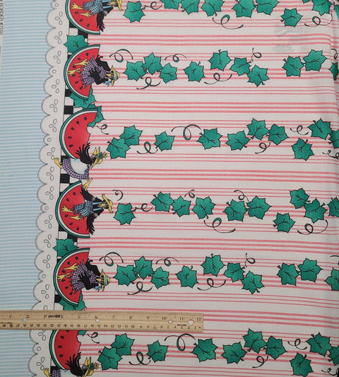 by Laurie for Daisy Kingdom 1995 - Watermelon Crown Border #7203 - Pink and White Ticking Stripe Fabric / Watermelon Vine Stripe