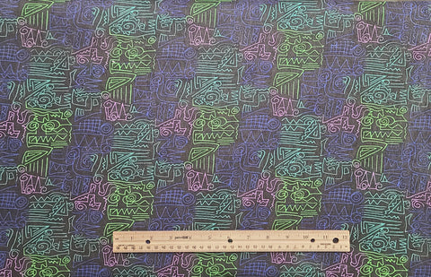 Charcoal Fabric / Highlighter Green, Purple, Pink Geometric Print - Selvage to Selvage Print