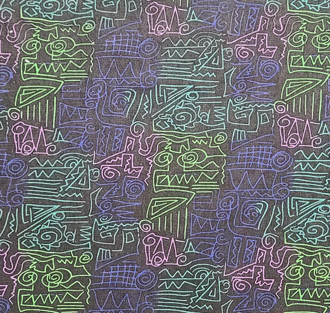 Charcoal Fabric / Highlighter Green, Purple, Pink Geometric Print - Selvage to Selvage Print