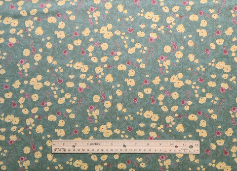 Sage Green Leaf Print Fabric / Yellow, Pink, Red Tossed Flower Print - Selvage to Selvage Print