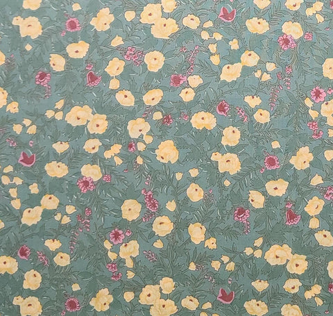 Sage Green Leaf Print Fabric / Yellow, Pink, Red Tossed Flower Print - Selvage to Selvage Print