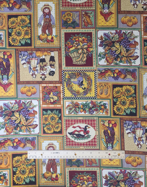 Concord Fabrics by Sharon Kessler - Fall / Thanksgiving Cheater Cloth / Scarecrow, Sunflower, Goose, Corn, Pilgrim