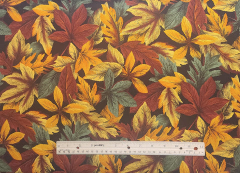 Hoffman International Fabrics - 56" WIDE Black Fabric / Gold, Orange, Yellow, Red and Green Tossed Leaf Print