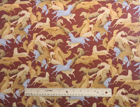 Brick Red Fabric / Gold, Cream, Gray, Tan Sponged Horse Print