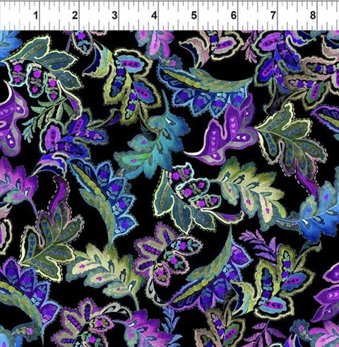 Resplendent by Jason Yenter for In the Beginning Fabrics 2021 3JYO-3 - Black Fabric/Bright Pink, Purple, Blue, Teal Mosaic-Style Leaf Print