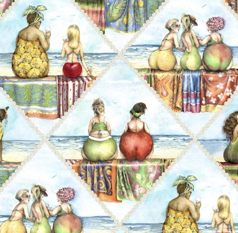Fruit Ladies Mary Stewart for Elizabeth's Studio Patt #1517-Blue - Blue Sky/Ocean Background - Fruit Ladies in Vignettes