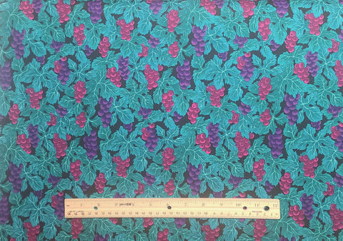 Windsor Collection by Hoffman International Fabric - Black Fabric / Purple, Raspberry, Teal Packed Grape Cluster Fabric