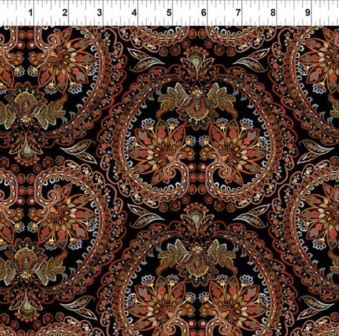 Resplendent by Jason Yenter for In the Beginning Fabrics 2021 4JYO-1 - Black Fabric / Orange, Gold, Light Blue Paisley and Heart Print