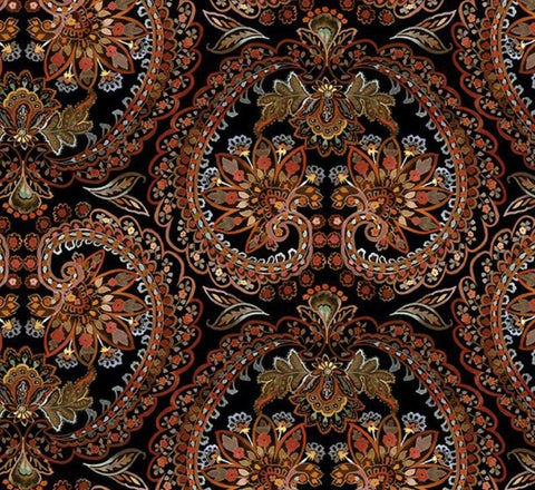 Resplendent by Jason Yenter for In the Beginning Fabrics 2021 4JYO-1 - Black Fabric / Orange, Gold, Light Blue Paisley and Heart Print