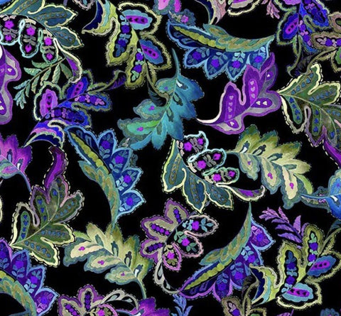 Resplendent by Jason Yenter for In the Beginning Fabrics 2021 3JYO-3 - Black Fabric/Bright Pink, Purple, Blue, Teal Mosaic-Style Leaf Print