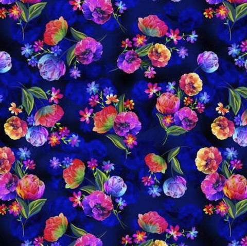 Luminous Blooms by Greta Lynn for Kanvas Benartex Pattern #LUMINOUSGARDEN-C12473-55 Navy - Navy Fabric / Bright Pink, Green, Coral Flowers
