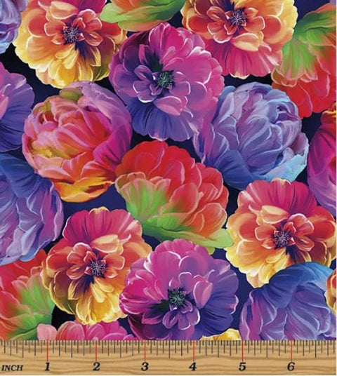 Luminous Blooms by Greta Lynn for Kanvas Benartex In Full Bloom Multi Pattern #12478-99 - Navy and Black Fabric
