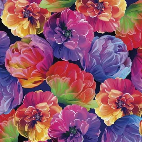 Luminous Blooms by Greta Lynn for Kanvas Benartex In Full Bloom Multi Pattern #12478-99 - Navy and Black Fabric