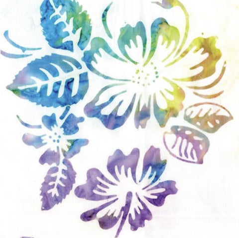 Hibiscus Shell Bali Hawaii 9172-09 by Benartex - White Batik Fabric / Blue, Green, Yellow, Lavender, Purple Large Hibiscus Print