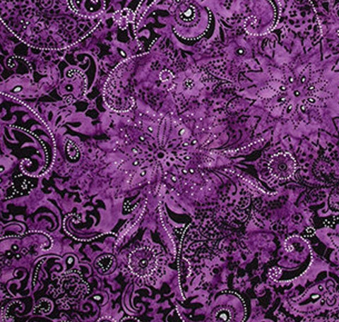 Lustre Banyon Batiks 81221-84 Amethyst - Black, Amethyst, Giant Medallion Batik Fabric / Silver Metallic Accent