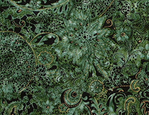 Lustre Banyon Batiks 81221-73 - Forest Green Batik Fabric / Gold Metallic Dots