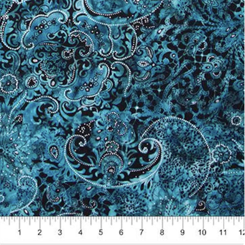 Lustre Banyon Batiks 81221-63 Teal - Black, Teal, Turquoise Giant Medallion Batik Fabric / Silver Metallic Accent