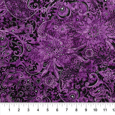 Lustre Banyon Batiks 81221-84 Amethyst - Black, Amethyst, Giant Medallion Batik Fabric / Silver Metallic Accent