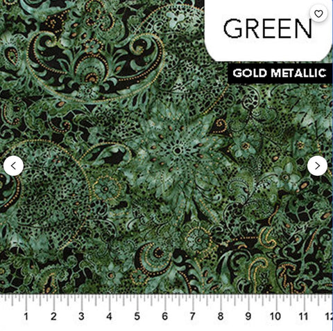 Lustre Banyon Batiks 81221-73 - Forest Green Batik Fabric / Gold Metallic Dots