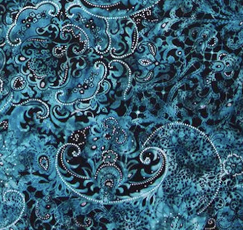 Lustre Banyon Batiks 81221-63 Teal - Black, Teal, Turquoise Giant Medallion Batik Fabric / Silver Metallic Accent