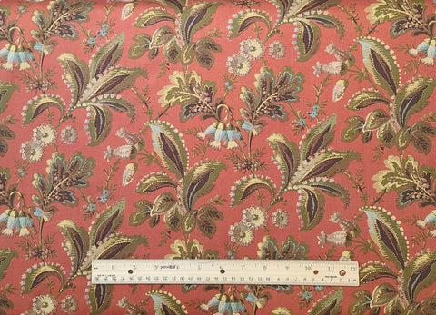 Kashmir V by Sentimental Studios 32331 for Moda-Burnt Orange Fabric/Olive Green, Bright Blue, Tan, Cream, Dark Brown Large Leaf/Flower Print