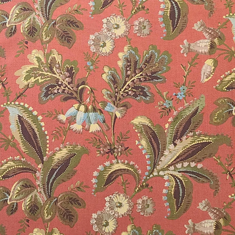 Kashmir V by Sentimental Studios 32331 for Moda-Burnt Orange Fabric/Olive Green, Bright Blue, Tan, Cream, Dark Brown Large Leaf/Flower Print