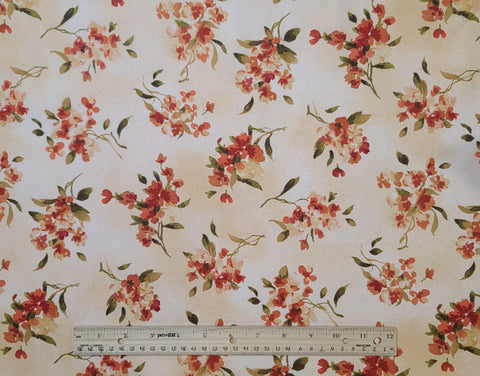 Serifina by Maywood Studio 7933E - Peach Tonal Fabric / Brick Red, Rust, Olive Green Tossed Floral Print