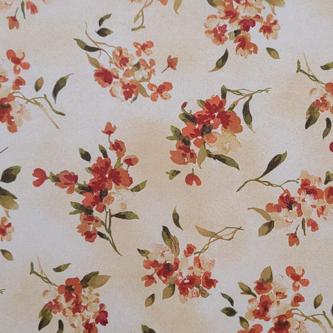 Serifina by Maywood Studio 7933E - Peach Tonal Fabric / Brick Red, Rust, Olive Green Tossed Floral Print